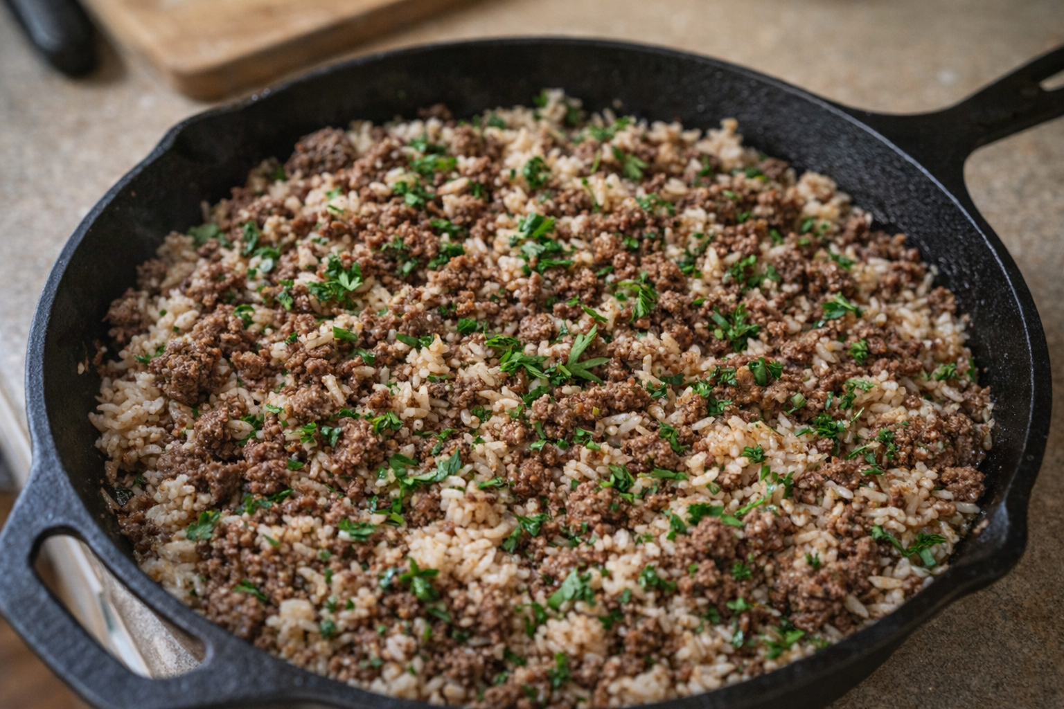 A top-down shot of a perfectly cooked ground beef and rice dish in a skillet, showcasing the browned beef and fluffy rice, garnished with fresh herbs